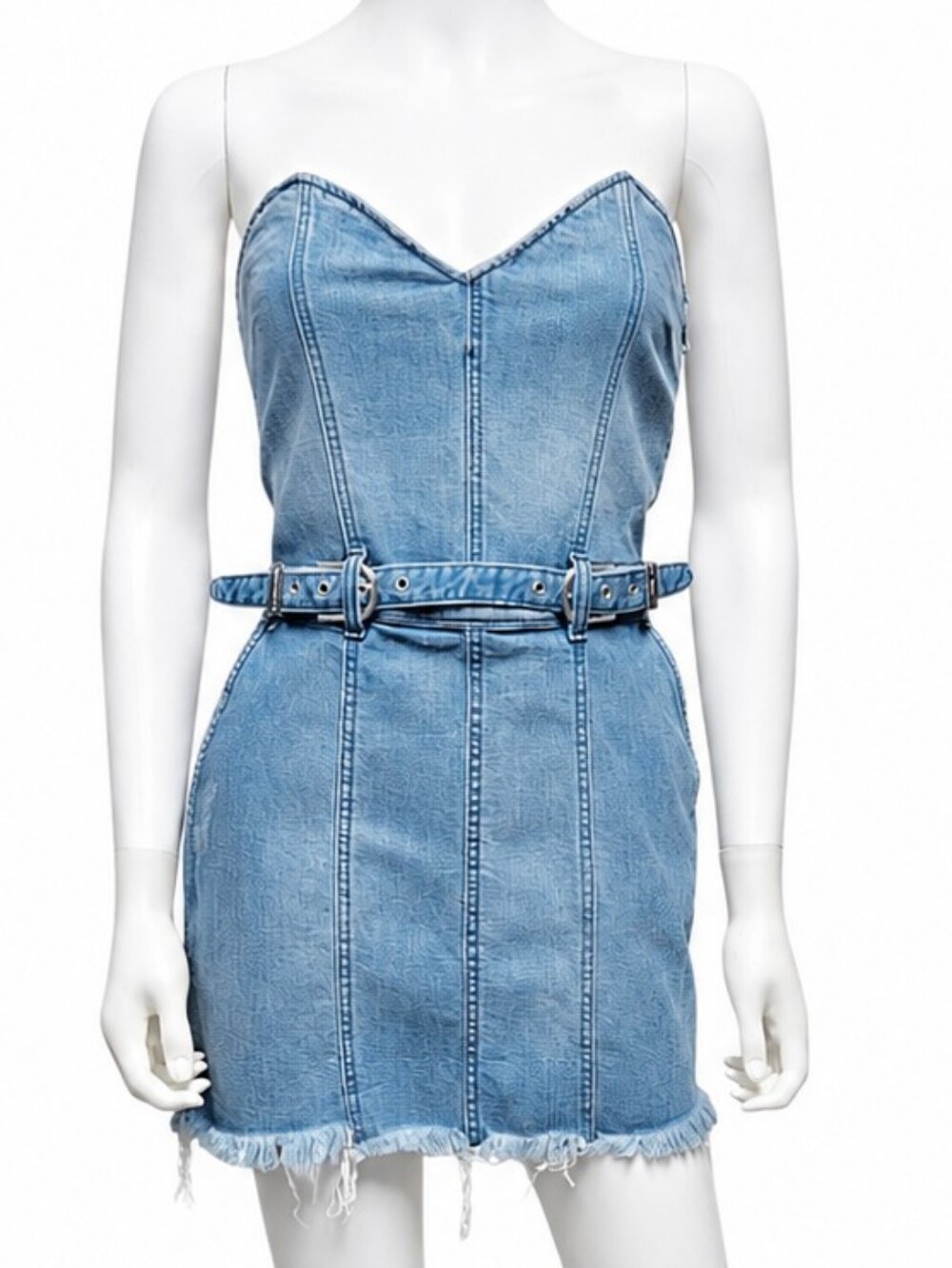 RETROFETE | Ashlyn Strapless Belted Denim Mini Dress Blue Size M